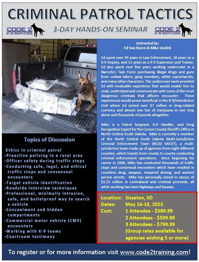 May 1618, 2023 Sisseton, SD Criminal Patrol Tactics (3Day Handson)